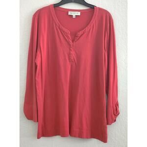 Top/Blouse-Jones New York-Dark Pumpkin Orange-Tab Long Sleeves-Bottom Hem-X-Lrg